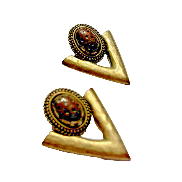 Pierced Earrings Hammered Gold & Black Doorknockers Geometric Mod Vintage 1980s - Picture 3 of 6